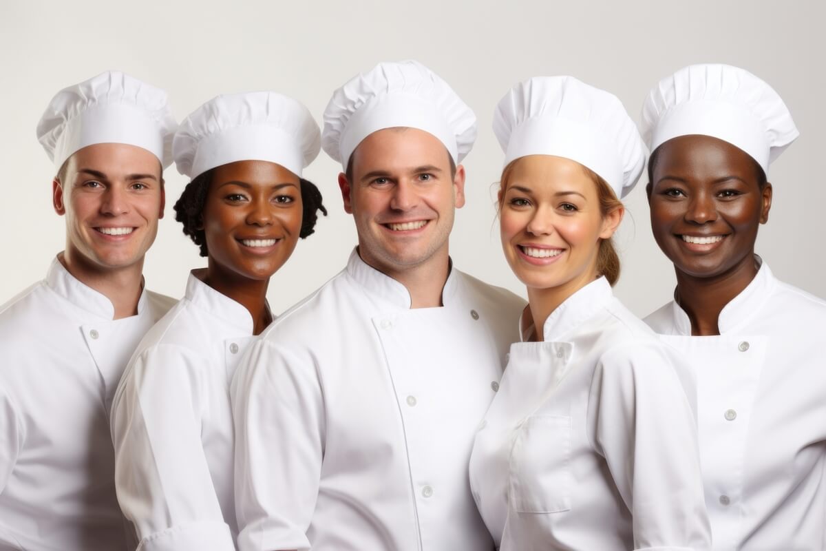 Five chefs dressed in white chef's costumes posed for photographs.