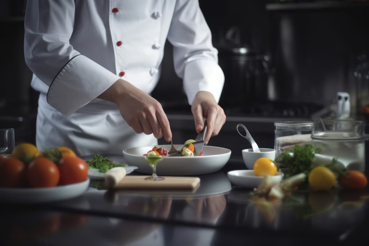 A chef portioning some cherry tomatoes in a white dish.