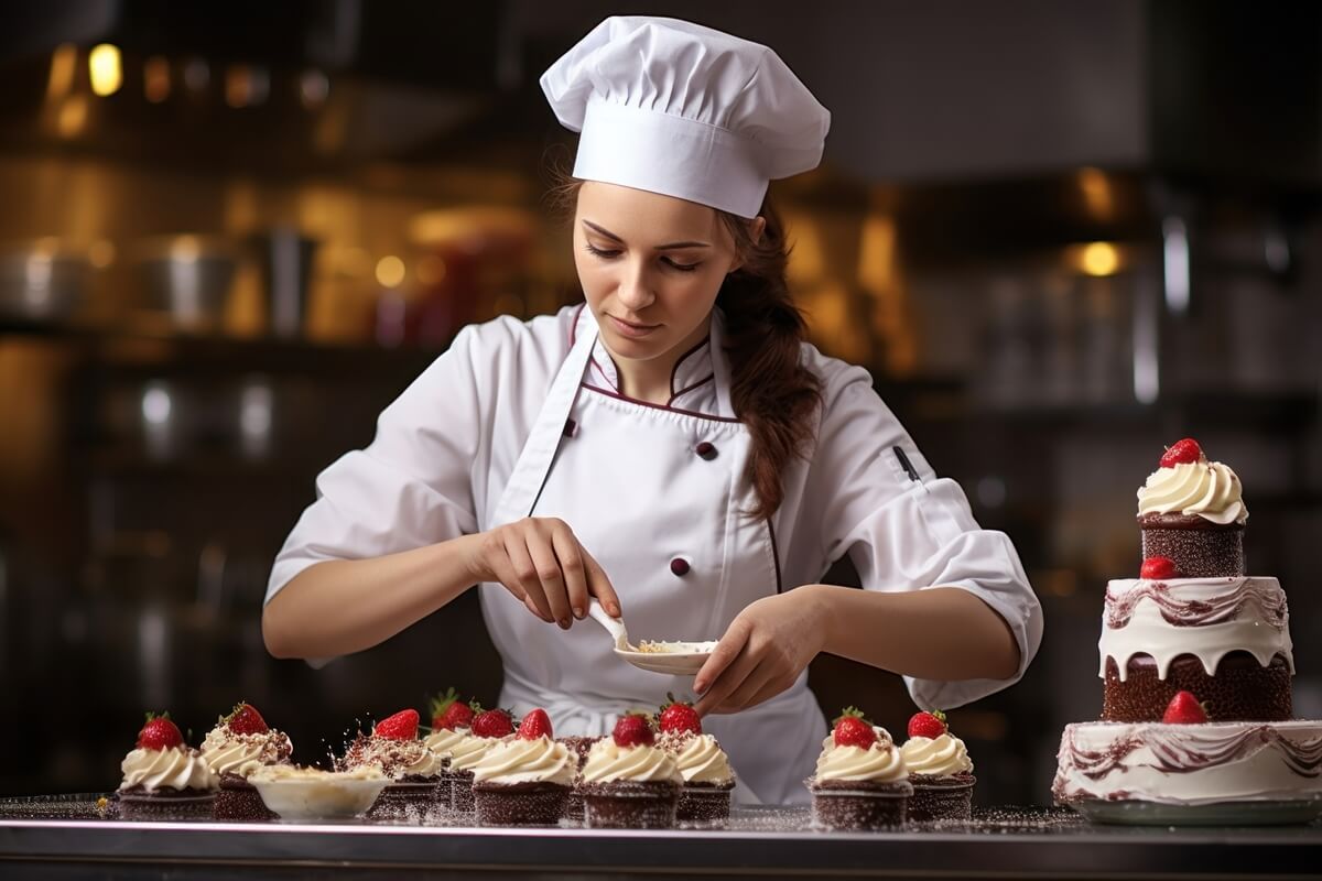 A female chef dressed in a full chef's costume adding cherry to cakes. 