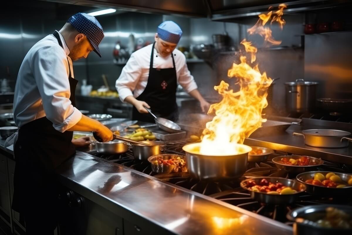 Two adults men dressed in chefs costume cooking on a stove with a cooking pot filled with fire. 