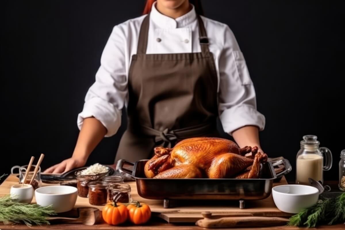 A grilled brownish full chicken placed on a table in front of a standing chef with some kitchen tools on the kitchen stove. 